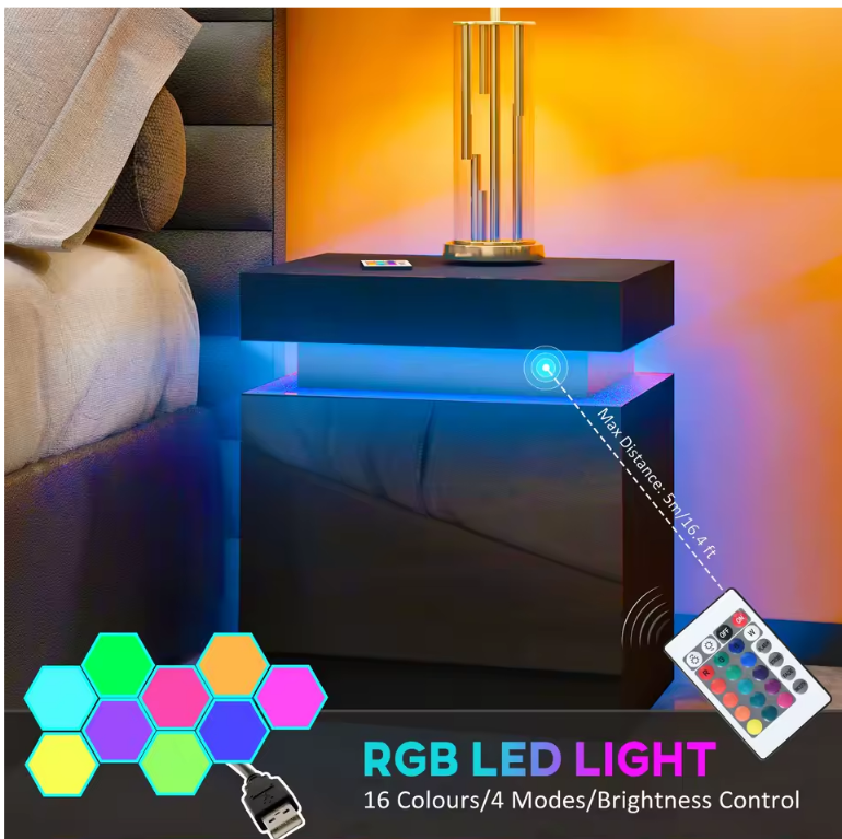 LuxNight™ High Gloss LED Bedside Table with 2 Drawers