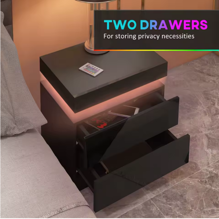 LuxNight™ High Gloss LED Bedside Table with 2 Drawers